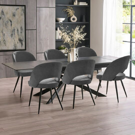 Ocoee Black Ceramic Top Extending Dining Table With 6 Erie Grey Chairs
