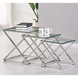 Odell Clear Glass Nest Of 3 Tables With Silver Frame