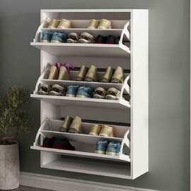 Olara Wooden Wall Shoe Storage Rack with 3 Flap Doors In White