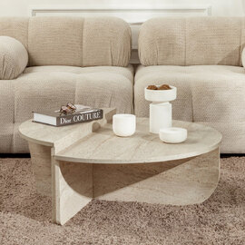 Onelio Oval Wooden Nest Of 2 Coffee Table in Travertine Marble Effect