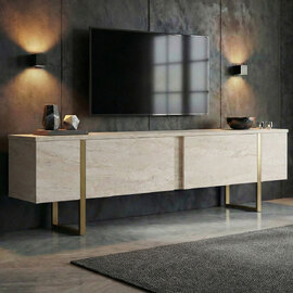Nordic Wooden TV Stand with Metal Legs in Travertine Marble Effect and Gold