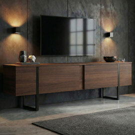 Nordic Wooden TV Stand with Metal Legs in Walnut and Black