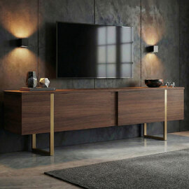 Nordic Wooden TV Stand with Metal Legs in Walnut and Gold