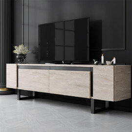 Orlento Wooden TV Stand with Black Metal Legs in Travertine Marble Effect
