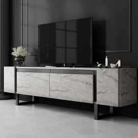 Orlento Wooden TV Stand with Black Metal Legs in Travertine Marble Effect