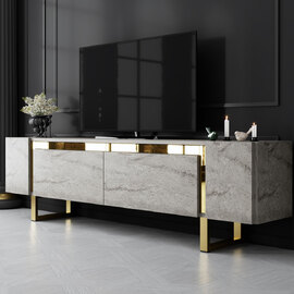 Orlento Wooden TV Stand with Gold Metal Legs in Travertine Marble Effect