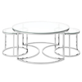 Oromo Clear Glass Nesting Coffee Tables With Stainless Steel Frame
