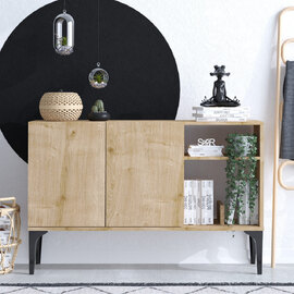 Orovia Wooden Storage Cabinet with Black Legs in Sapphire Oak