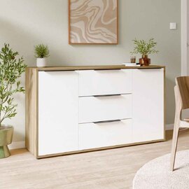 Orwyn Wooden Sideboard with 2 Doors 3 Drawers in Mauvella Oak and White Gloss