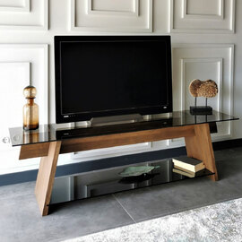 Osari Black Tempered Glass Top TV Stand with Solid Wood Walnut Frame
