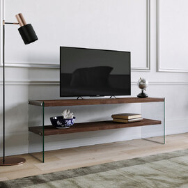 Osari Tempered Glass Frame TV Stand with Solid Wood Walnut Shelves