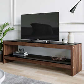 Osari Tempered Glass Top TV Stand with Solid Wood Walnut Frame
