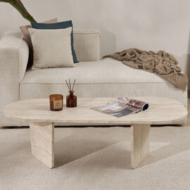 Sento Oval Wooden Coffee Table in Travertine Marble Effect