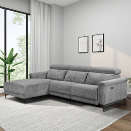 Ovaris Fabric Electric Recliner L Shape Sofa in Grey