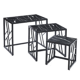 Ovid High Gloss Black Marble Effect Nest Of 3 Tables With Black Frame