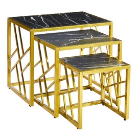 Ovid High Gloss Black Marble Effect Nest Of 3 Tables With Gold Frame