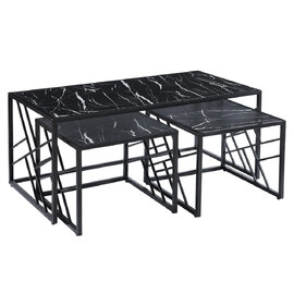 Ovid High Gloss Black Marble Effect Nesting Coffee Tables With Black Frame