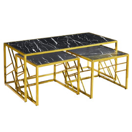 Ovid High Gloss Black Marble Effect Nesting Coffee Tables With Gold Frame
