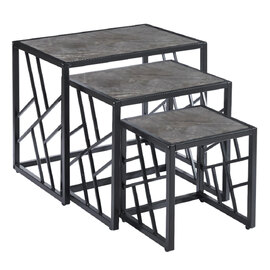 Ovid High Gloss Grey Marble Effect Nest Of 3 Tables With Black Frame