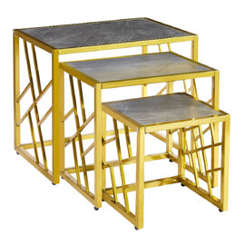 Ovid High Gloss Grey Marble Effect Nest Of 3 Tables With Gold Frame