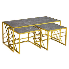 Ovid High Gloss Grey Marble Effect Nesting Coffee Tables With Gold Frame