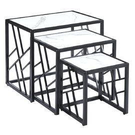 Ovid High Gloss White Marble Effect Nest Of 3 Tables With Black Frame