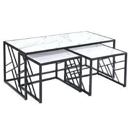 Ovid High Gloss White Marble Effect Nesting Coffee Tables With Black Frame