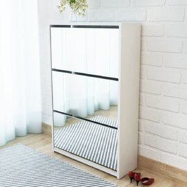 Ozark Mirrored Shoe Storage Cabinet With 3 Flip Doors In White
