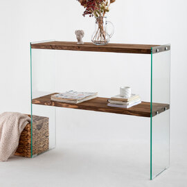 Palladio Walnut Pine Solid Wood Side Table with Tempered Glass Frame