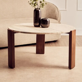 Paramus Large Cream Travertine Top Coffee Table With Wooden Legs