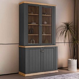 Parenzo Wooden Display Cabinet with 4 Doors in Wolfram Grey and Mauvella Oak