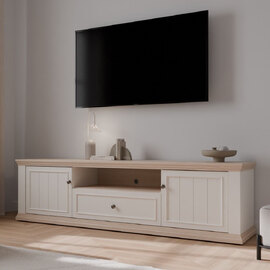 Parenzo Wooden TV Stand with 2 Doors 1 Drawer in White and Riva Oak