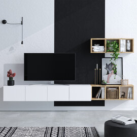 Pavona Wooden TV Stand with Wall Shelf in White Oak