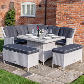 Peebles Corner Sofa With Dining Set And Benches In Putty Grey
