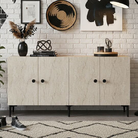 Pella Wooden Sideboard with 4 Doors in White and Travetine Marble Effect