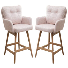 Petaluma Blush Pink Fabric Bar Chairs With Oak Legs In Pair