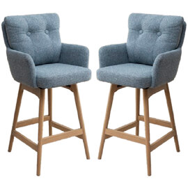 Petaluma Storm Teal Fabric Bar Chairs With Oak Legs In Pair