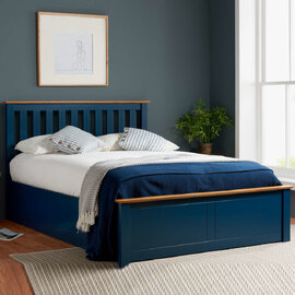 Phoney Wooden Ottoman Storage King Size Bed In Navy Blue