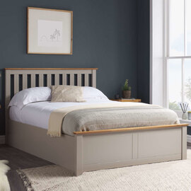Phoney Wooden Ottoman Storage King Size Bed In Pearl Grey