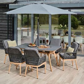 Piero Aluminium Garden 6 Seater Dining Set with Parasol in Charcoal Grey and Oak