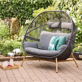 Piero Rattan Garden 2 Seater Cocoon Chair in Charcoal Grey and Oak