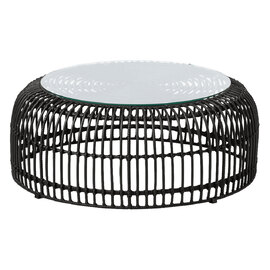 Ponoka Glass Top Outdoor Coffee Table With Rattan Base In Black