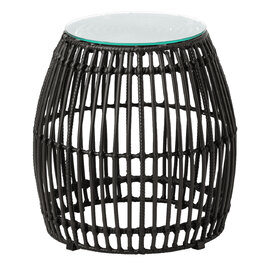 Ponoka Glass Top Outdoor Side Table With Rattan Base In Black