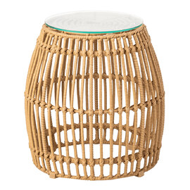 Ponoka Glass Top Outdoor Side Table With Rattan Base In Natural