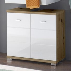 Ponoka White Gloss Under Sink Cabinet With 2 Doors In Artisan Oak