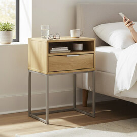 Portima Oak Wooden Bedside Cabinet with Cashmere Tubular Steel Frame