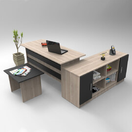 Prescott Wooden Corner Computer Desk with Coffee Table Set in Oak and Black