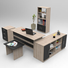 Prescott Wooden Corner Executive Office Furniture Set with Bookcase in Oak and Black