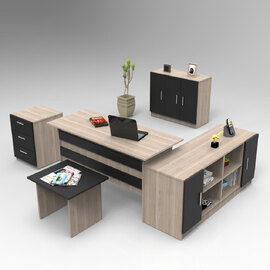 Prescott Wooden Corner Executive Office Furniture Set with Storage Cabinet in Oak and Black