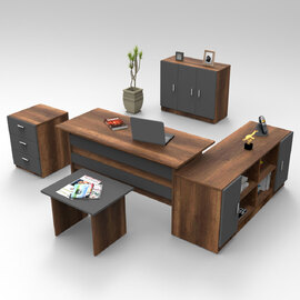 Prescott Wooden Corner Executive Office Furniture Set with Storage Cabinet in Walnut and Anthracite